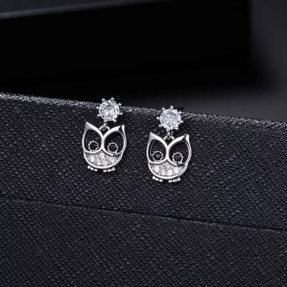14k Gold Adorable Diamond Owl Earrings Sterling Silver - Picture 6 of 9